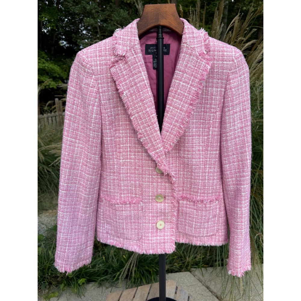 Jones New York Signature Pink Tweed Fringe Trim Blazer Jacket Womens 4 Old Money